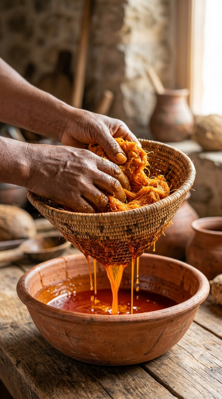 Mains pressant de la pulpe de noix de palme dans une passoire traditionnelle, jus orangé s'écoulant