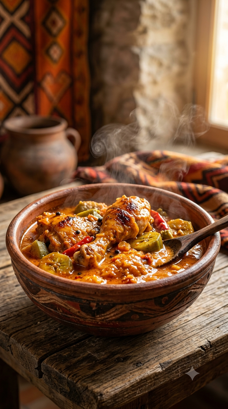 Bol en terre cuite africaine rempli de poulet nyembwe fumant, sauce orangée crémeuse à la noix de palme