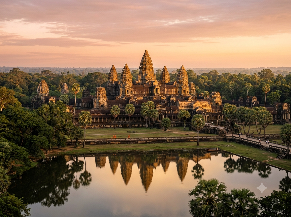 Temples d'Angkor au lever du soleil, pierres anciennes émergeant de la végétation