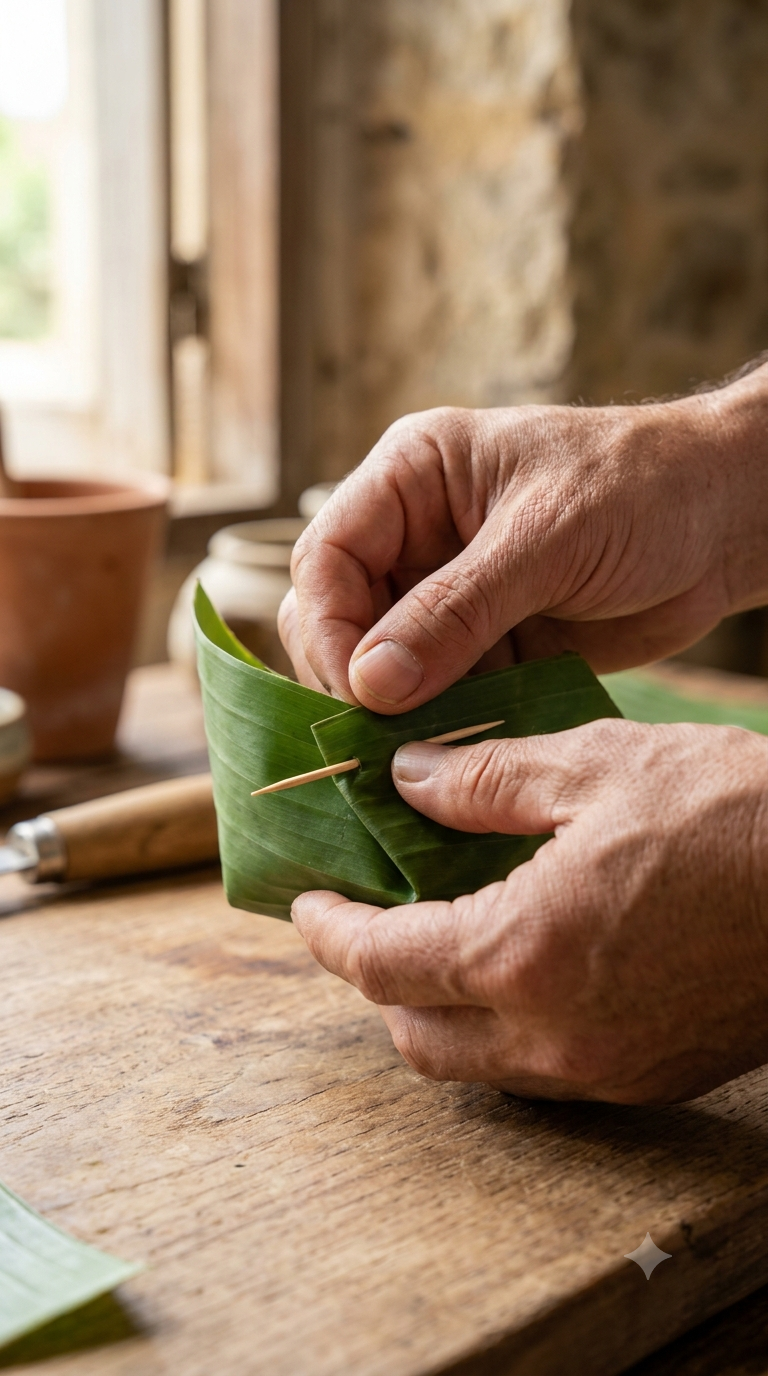 Mains pliant une feuille de bananier en forme de coupelle, agrafée avec un cure-dent en bois