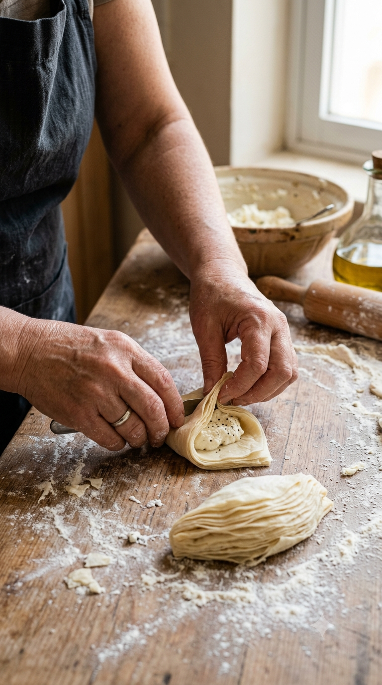 Mains pliant de la pâte feuilletée fine autour d’une garniture pour former la silhouette du pastizzi