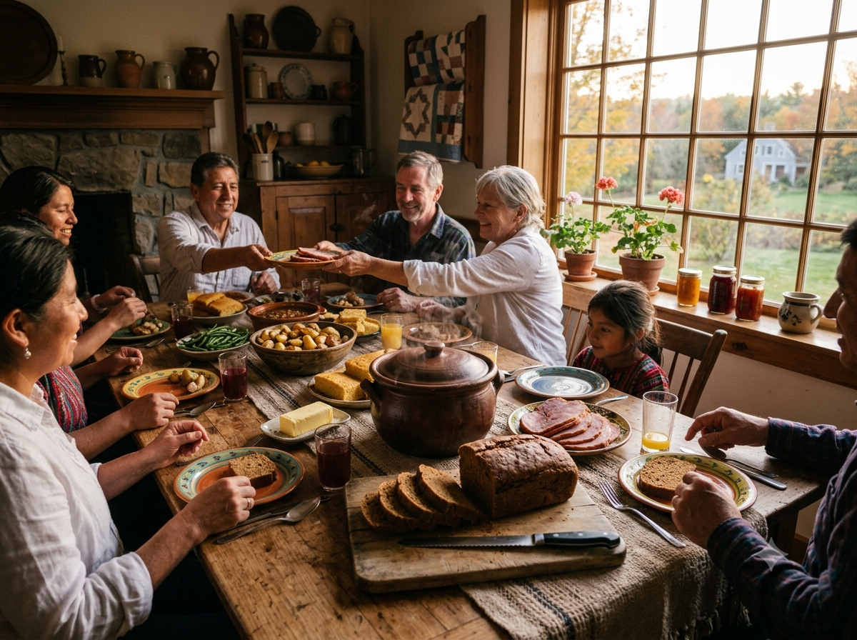 Table de repas dominical en Nouvelle-Angleterre avec pot de haricots fumants et pain brun vapeur