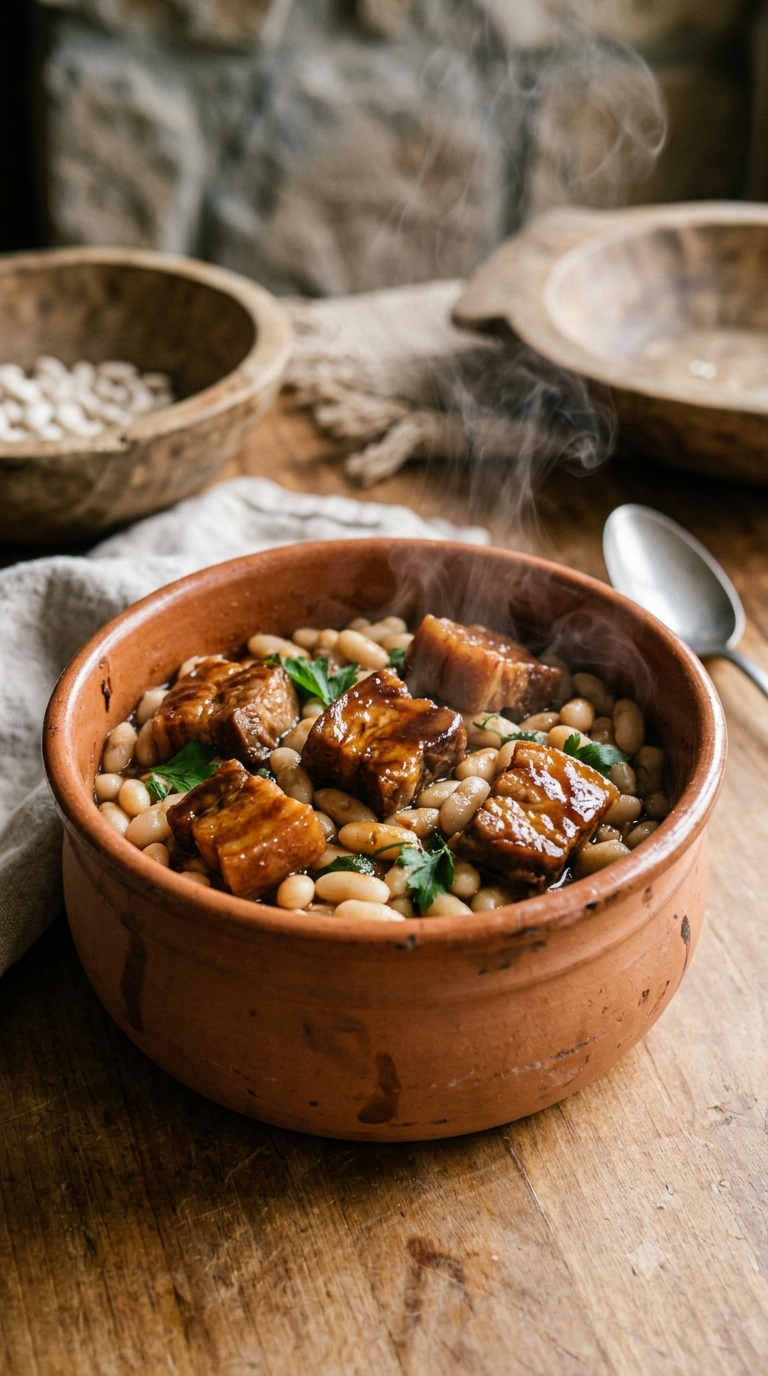 Pot en terre cuite rempli de haricots blancs fumants nappés d'une sauce brun foncé brillante