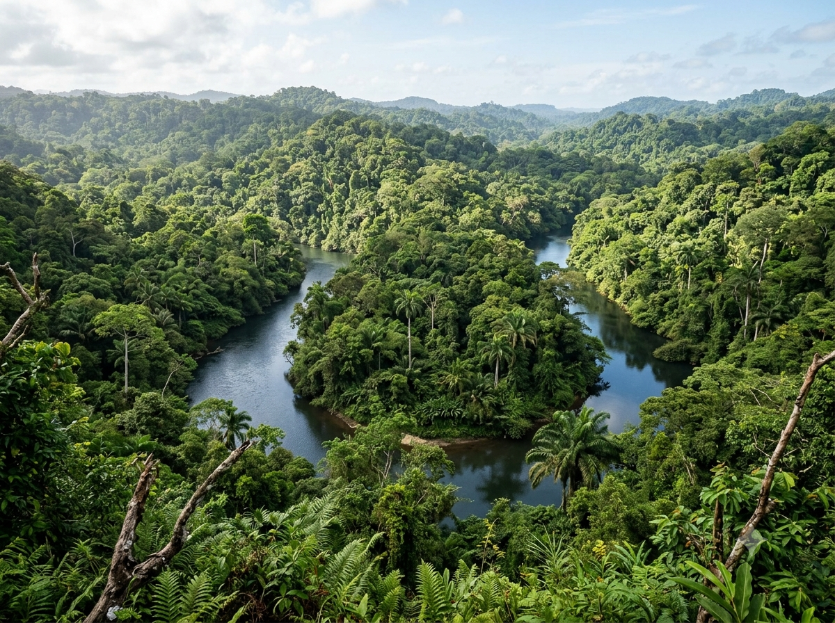 Forêt tropicale dense du Panama avec une rivière serpentant entre la végétation