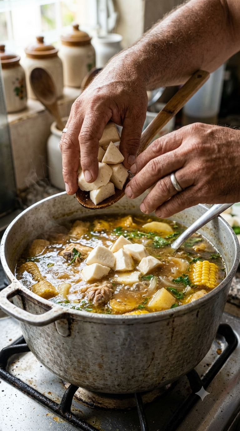 Mains ajoutant des morceaux de racine de ñame dans une marmite de bouillon de poulet