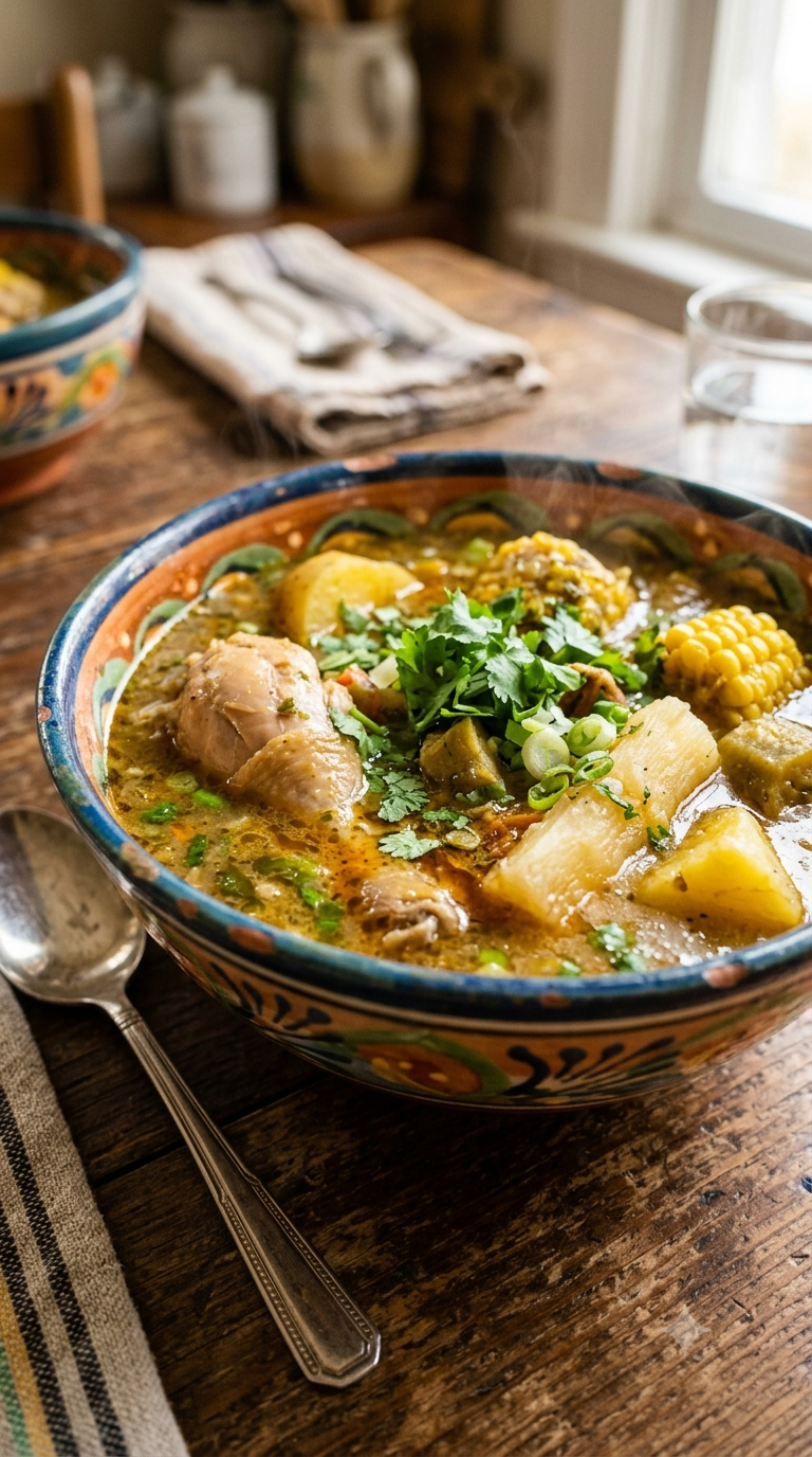 Bol en céramique colorée rempli de sancocho fumant, poulet et racines dans un bouillon parfumé