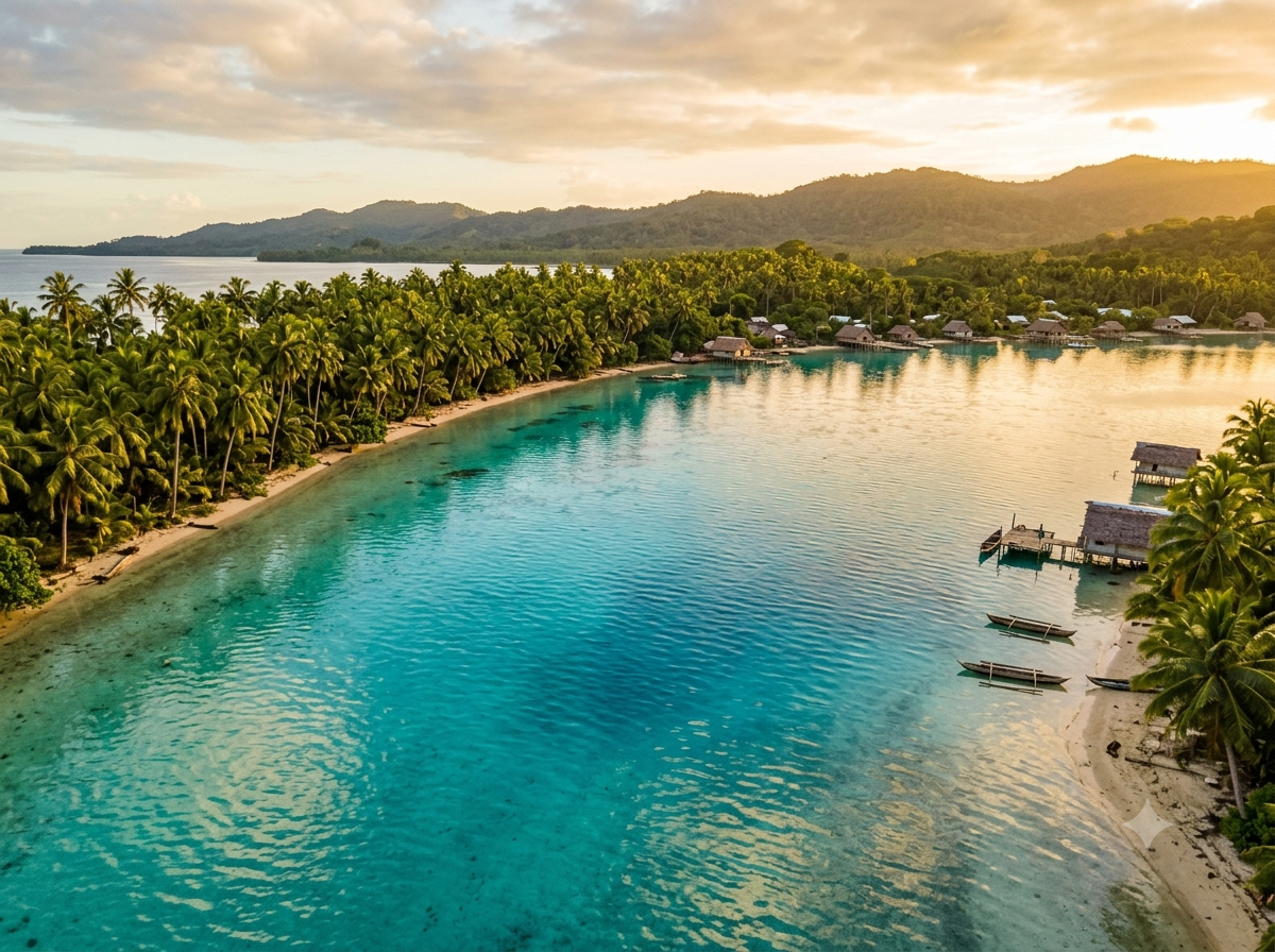 Lagon turquoise des Îles Salomon bordé de cocotiers avec un village traditionnel au loin