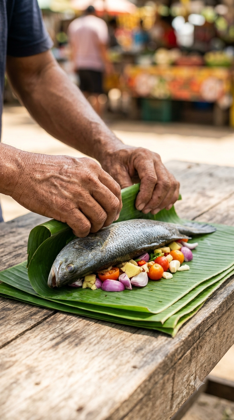 Mains enveloppant un poisson frais et des légumes dans des feuilles de bananier superposées
