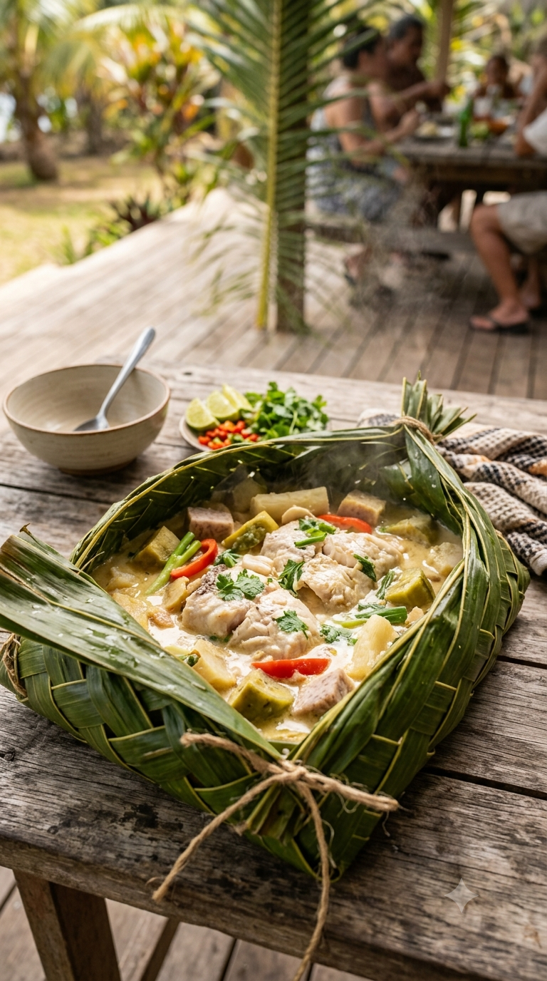 Paquet de motu entrouvert révélant du poisson fumant baignant dans du lait de coco avec des légumes