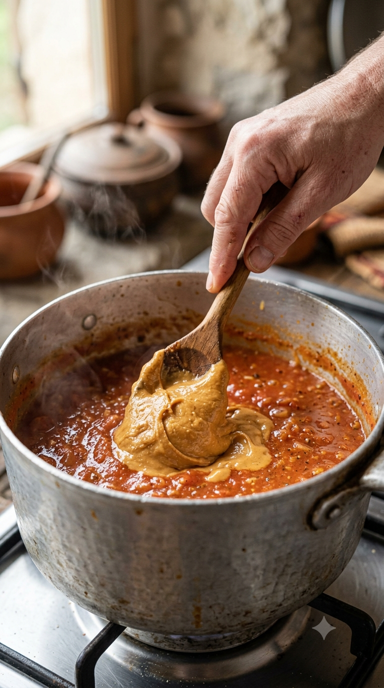 Main incorporant du beurre de cacahuète épais à une sauce tomate mijotant dans une marmite traditionnelle