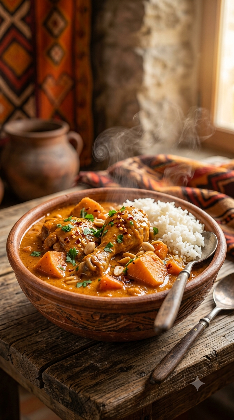 Bol en terre cuite africaine rempli de domoda fumant, poulet enrobé d'une sauce épaisse orangée au beurre de cacahuète