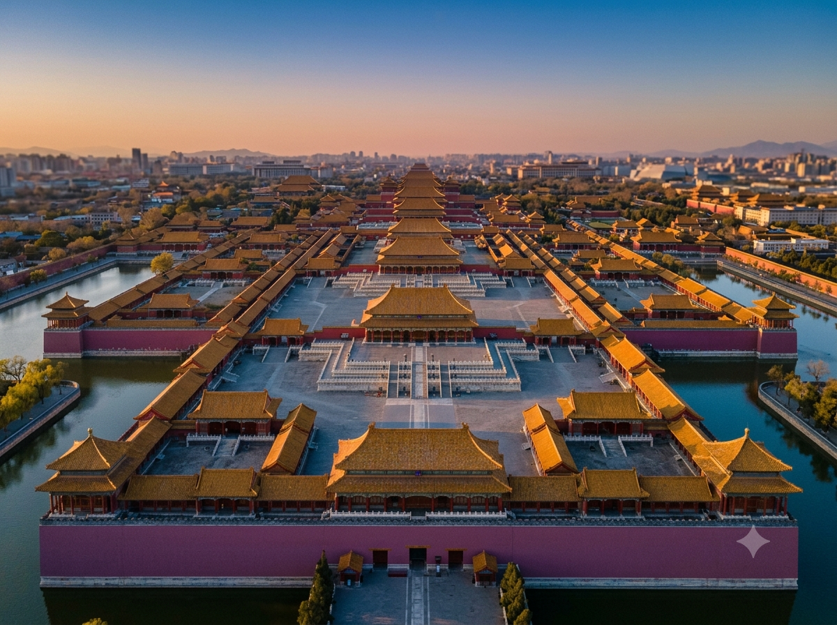 Cité interdite de Pékin avec toits rouges et architecture impériale traditionnelle