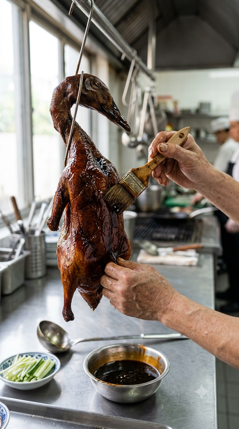 Mains badigeonnant un canard entier suspendu d'une marinade sombre et brillante