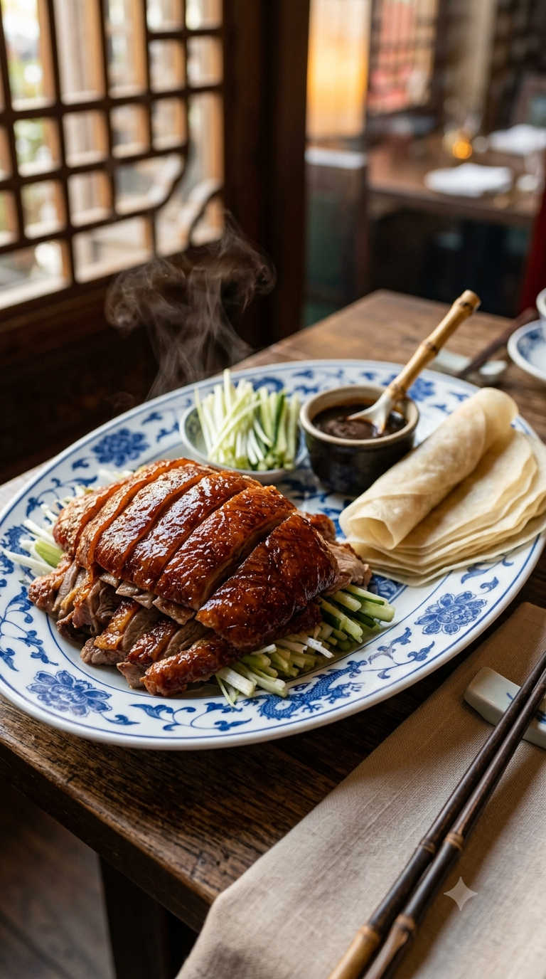 Tranches de canard laqué fumantes, peau brune et croustillante sur un plateau en porcelaine chinoise avec crêpes fines