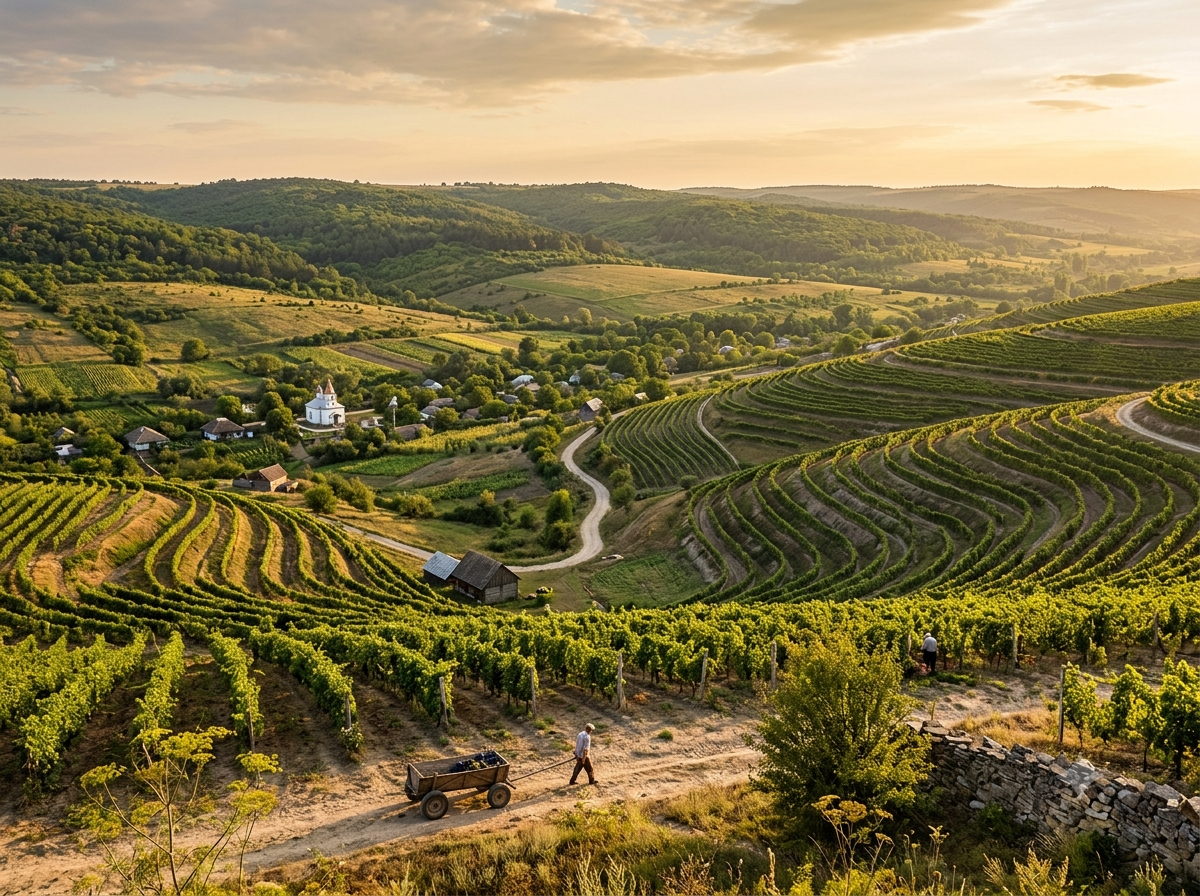 Vignobles en terrasses de Moldavie avec collines verdoyantes à perte de vue