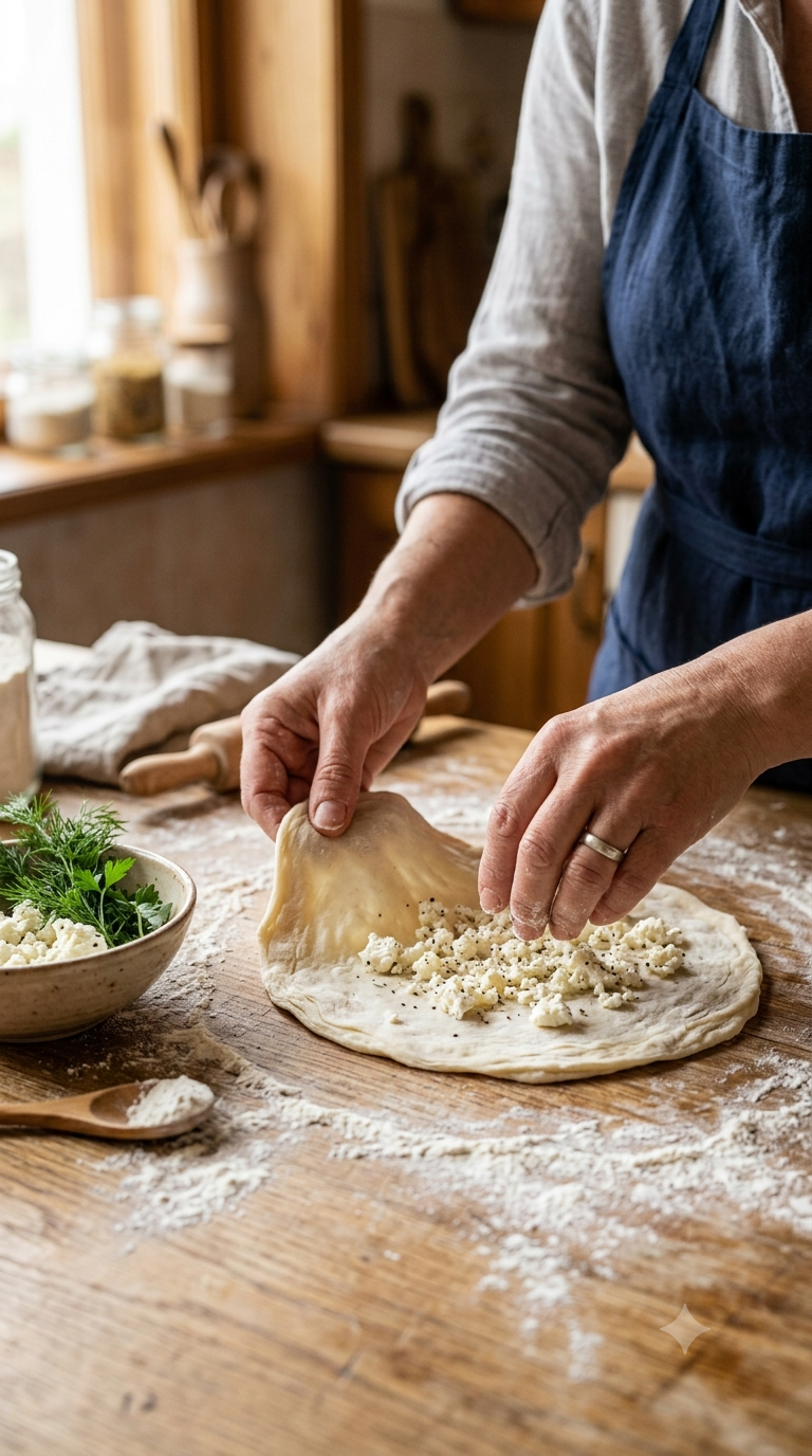Mains étalant finement une pâte et la garnissant de fromage émietté sur un plan de travail