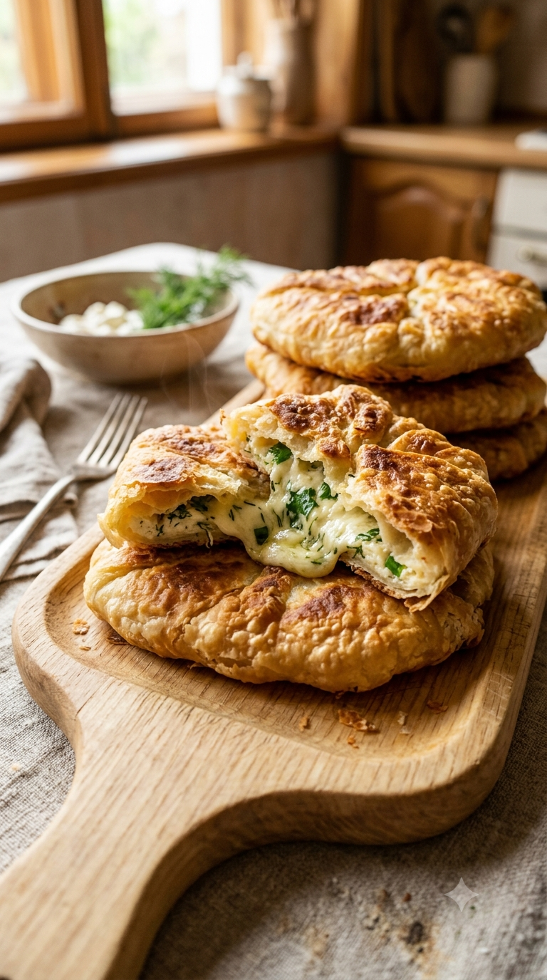 Plăcinte dorées et croustillantes empilées, une entrouverte révélant sa garniture de fromage