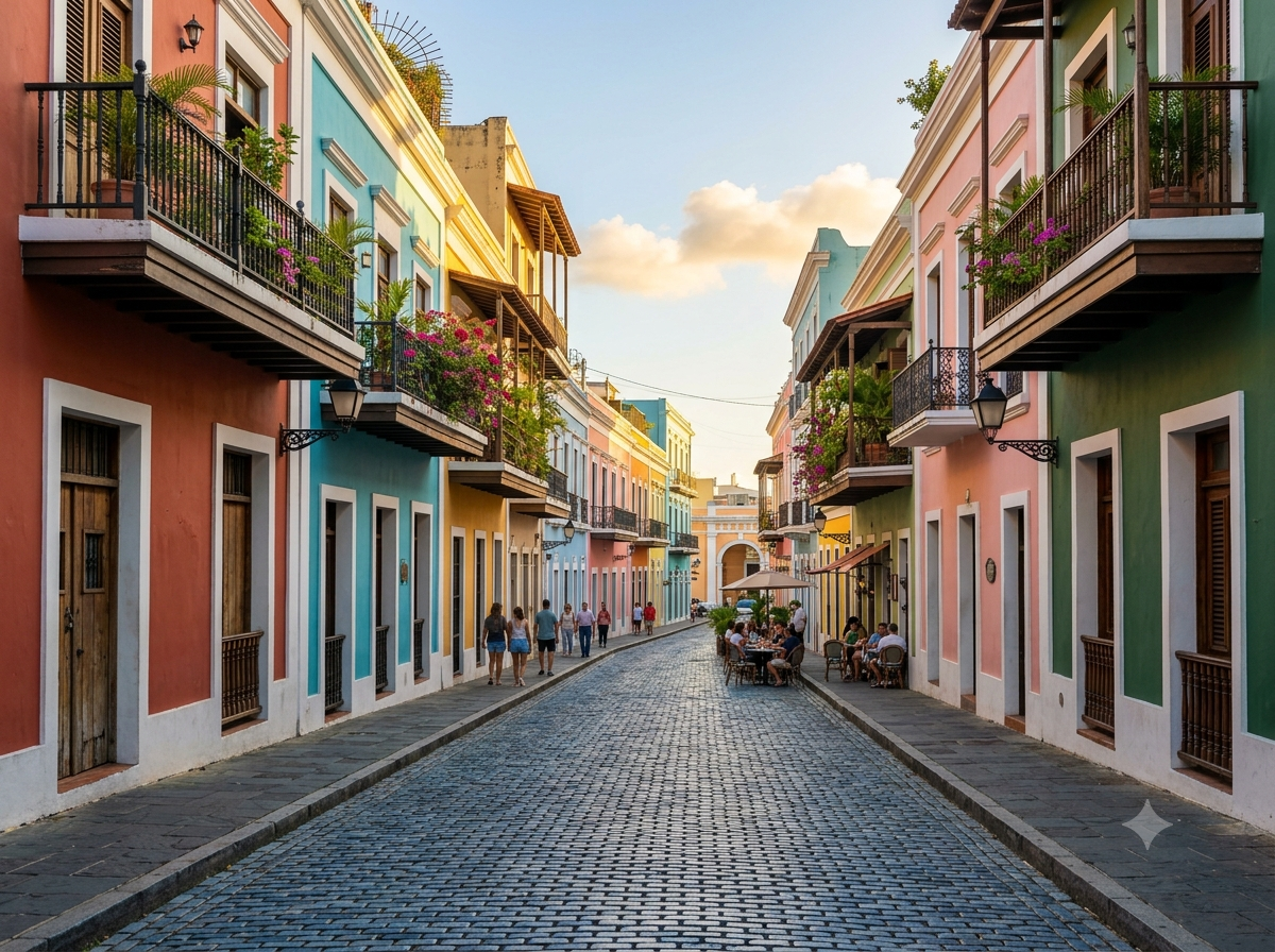 Rues pavées du vieux San Juan à Porto Rico avec façades colorées typiques