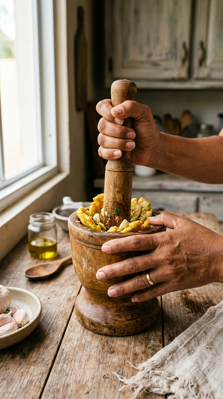 Mains écrasant de la banane plantain frite avec de l'ail dans un pilon en bois traditionnel appelé pilón