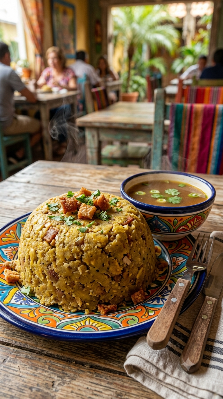 Mofongo fumant façonné en forme de dôme, texture granuleuse de plantain, servi avec un bol de bouillon