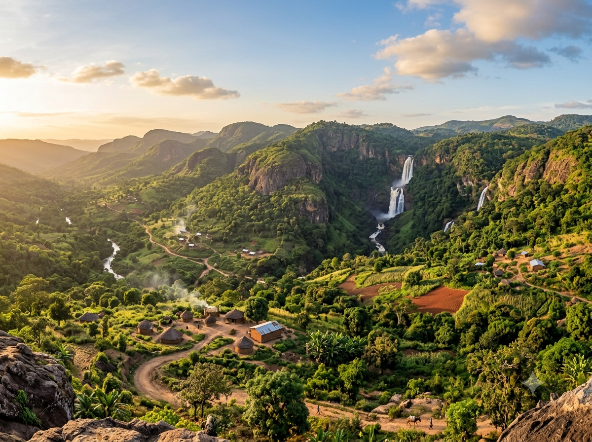 Montagnes du Fouta-Djalon en Guinée avec cascades et végétation verdoyante