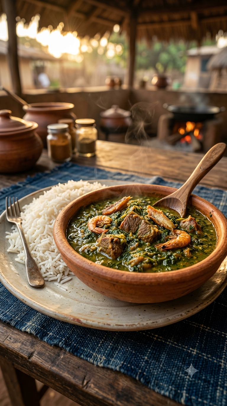 Bol de sauce feuille épaisse et verte, morceaux de viande et de poisson fumé, servie avec du riz blanc
