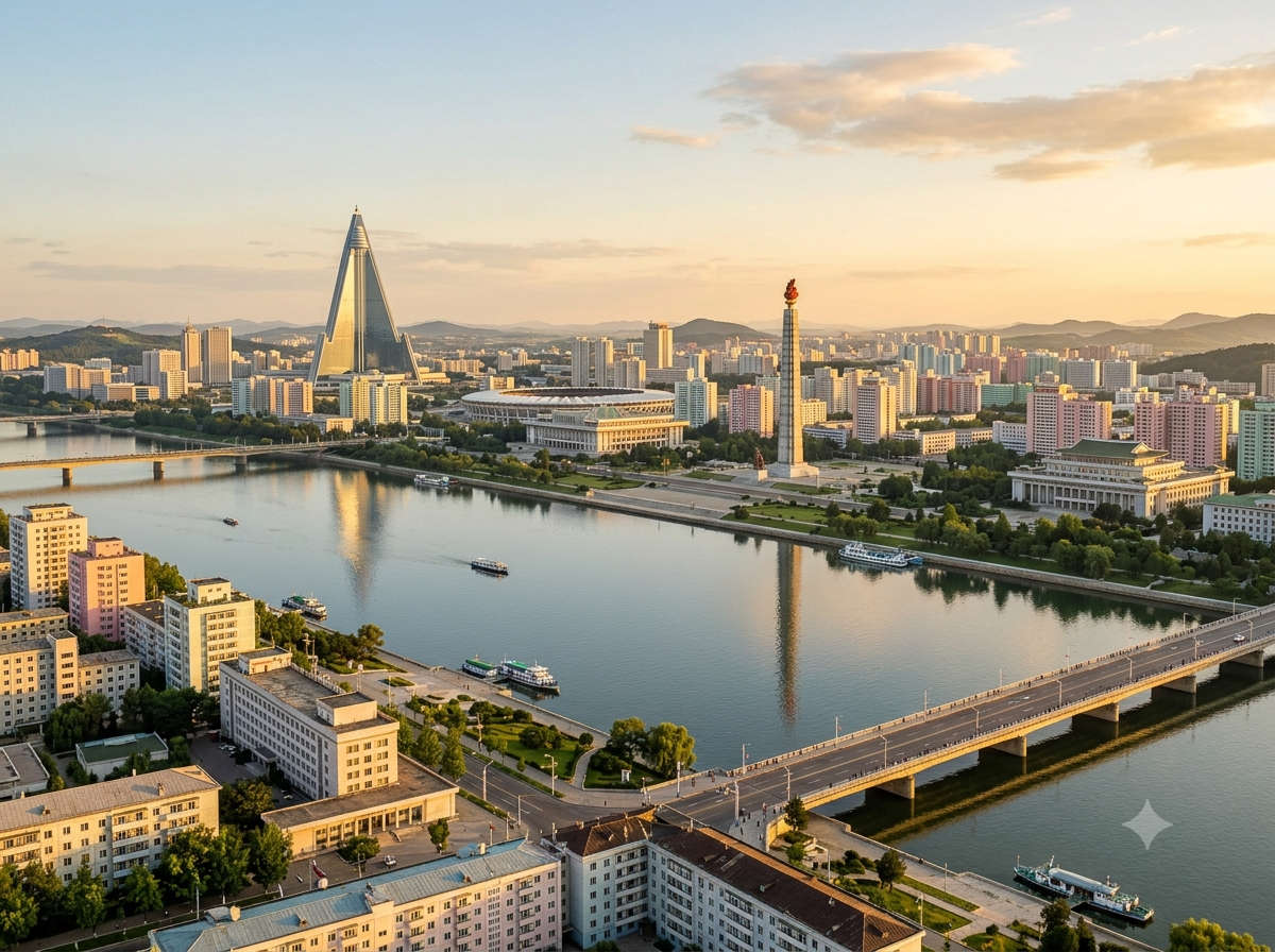 Rivière Taedong à Pyongyang avec architecture urbaine visible le long des berges