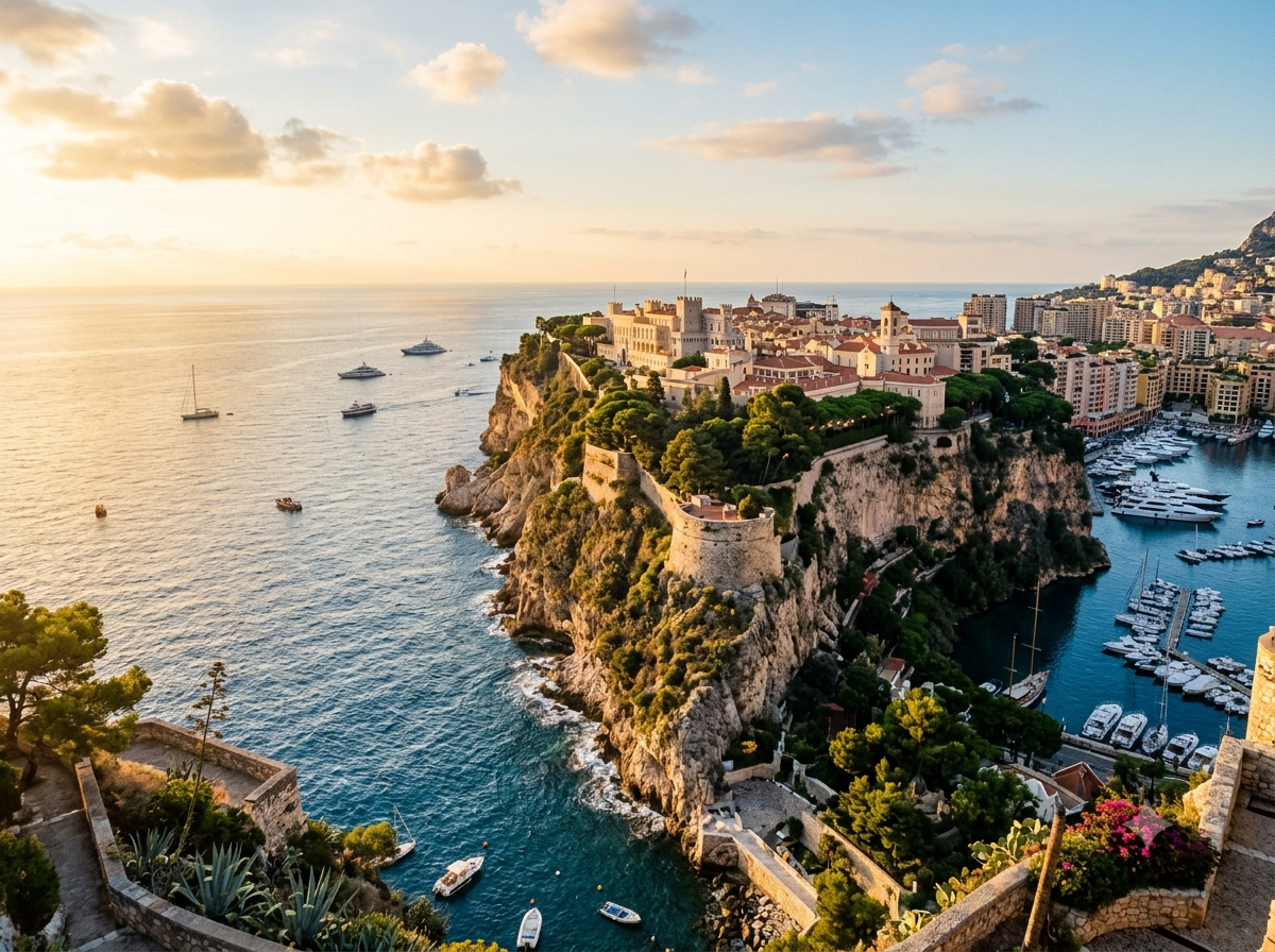 Rocher de Monaco surplombant la mer Méditerranée, architecture typique visible sur les hauteurs