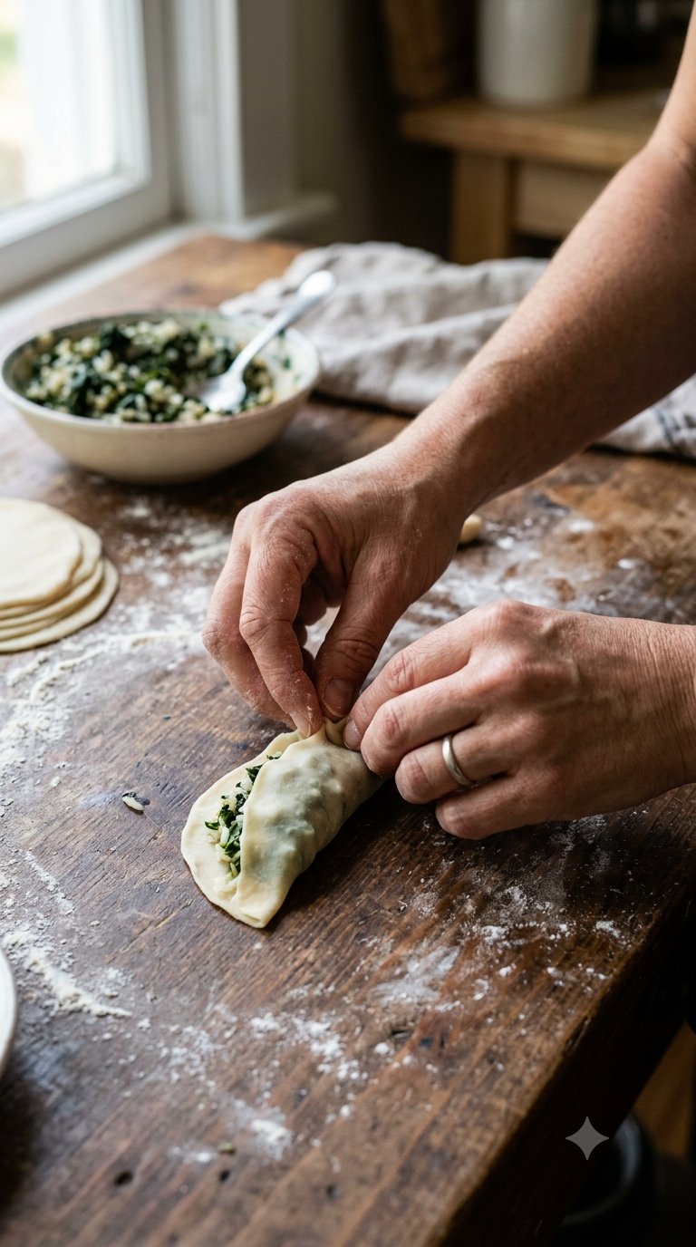 Mains pliant une fine pâte garnie de blette et de riz en forme de petit chausson