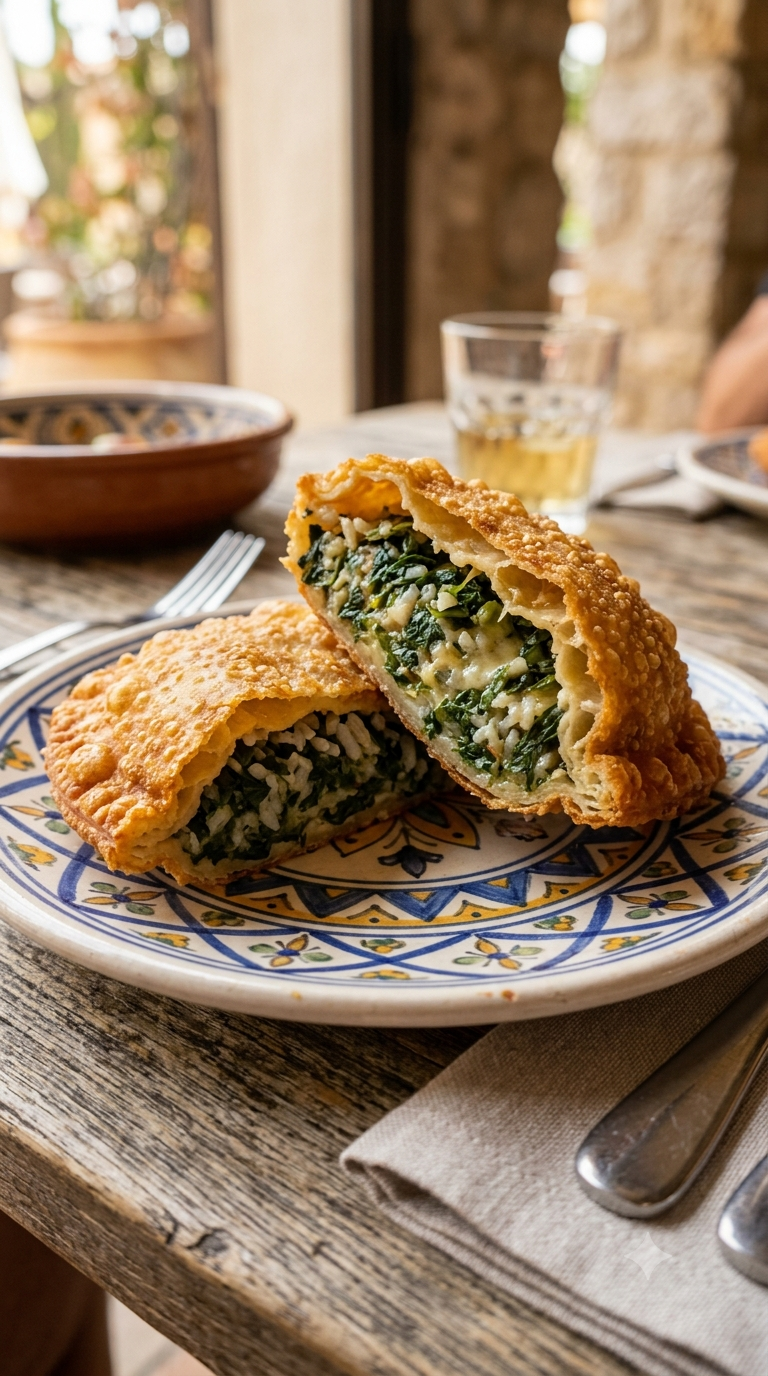 Barbagiuan doré et croustillant coupé en deux, révélant sa garniture de blette, riz et fromage