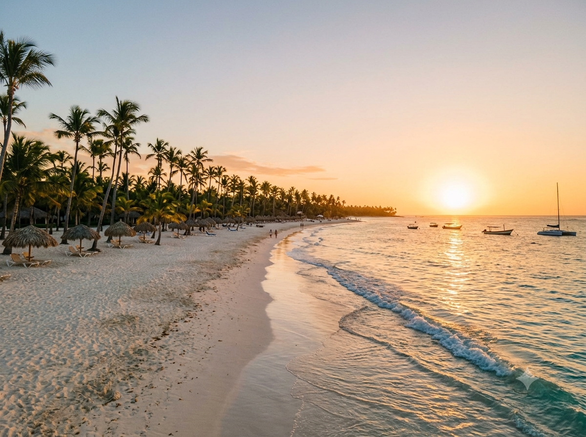 Plage tropicale de Punta Cana avec palmiers bordant le rivage et mer turquoise