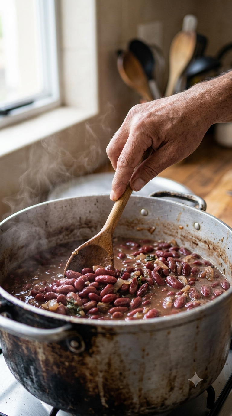 Main remuant des haricots rouges mijotant dans une marmite en aluminium traditionnelle