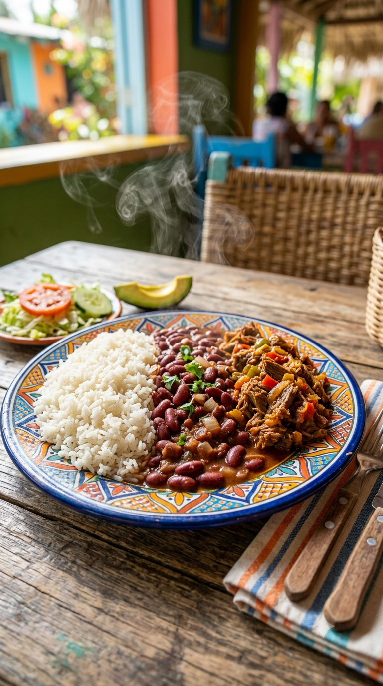 Assiette de la bandera fumante, riz blanc, haricots rouges et viande bien distincts et colorés