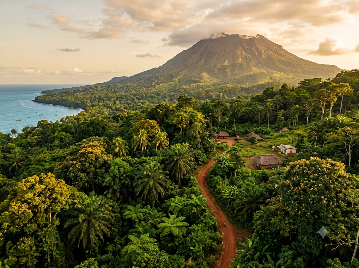 Île de Bioko en Guinée équatoriale avec volcan visible en arrière-plan et végétation tropicale