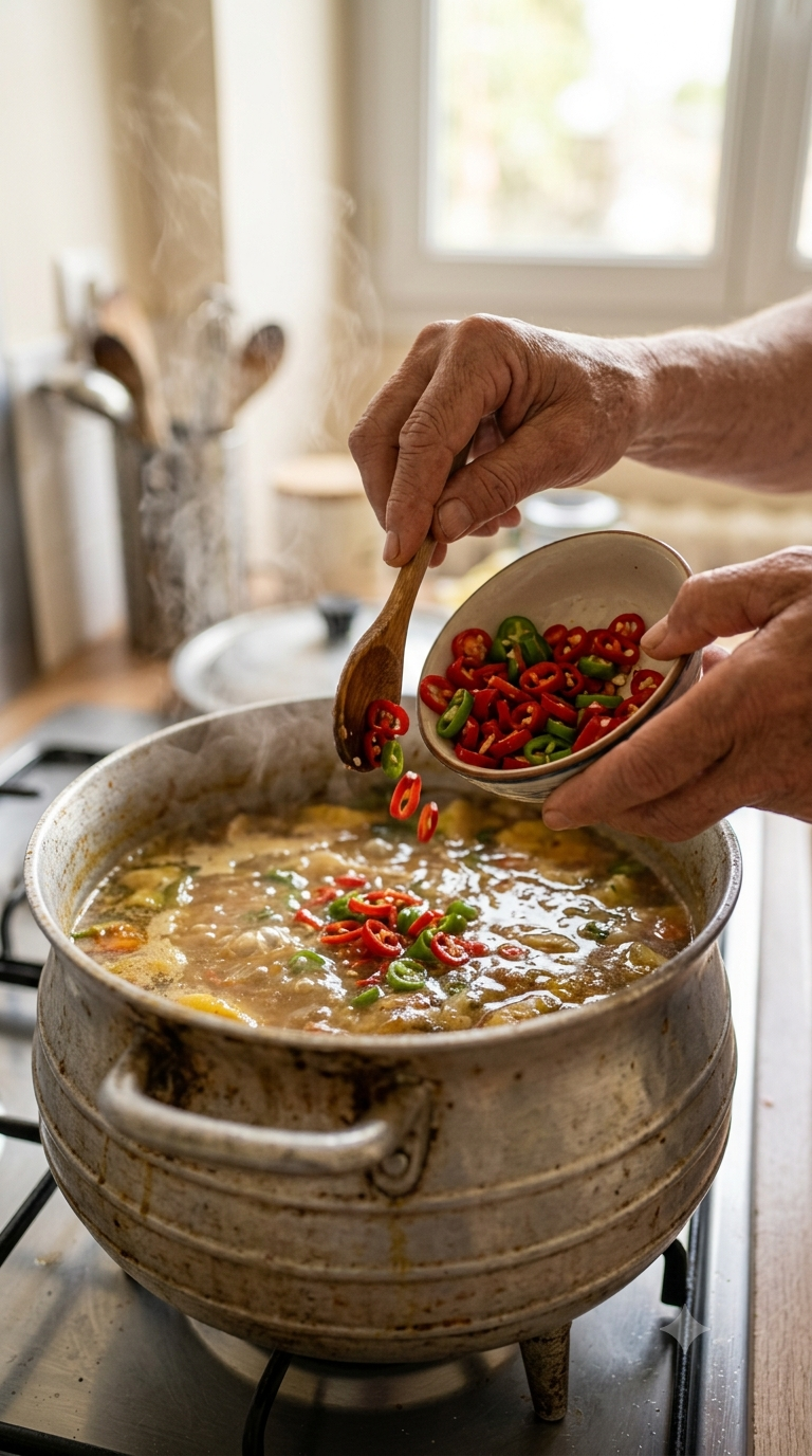 Mains ajoutant des piments frais émincés dans un bouillon mijotant dans une marmite traditionnelle