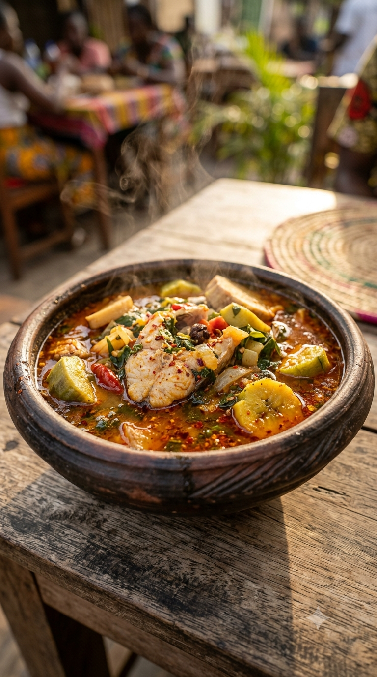 Bol de pepesup fumant, bouillon rouge orangé bien épicé avec morceaux de poisson et légumes