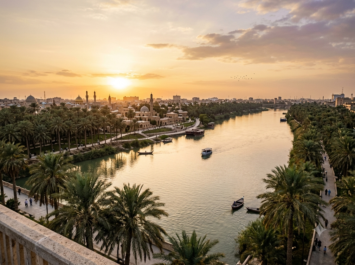 Fleuve Tigre à Bagdad bordé de palmiers, lumière dorée de fin de journée