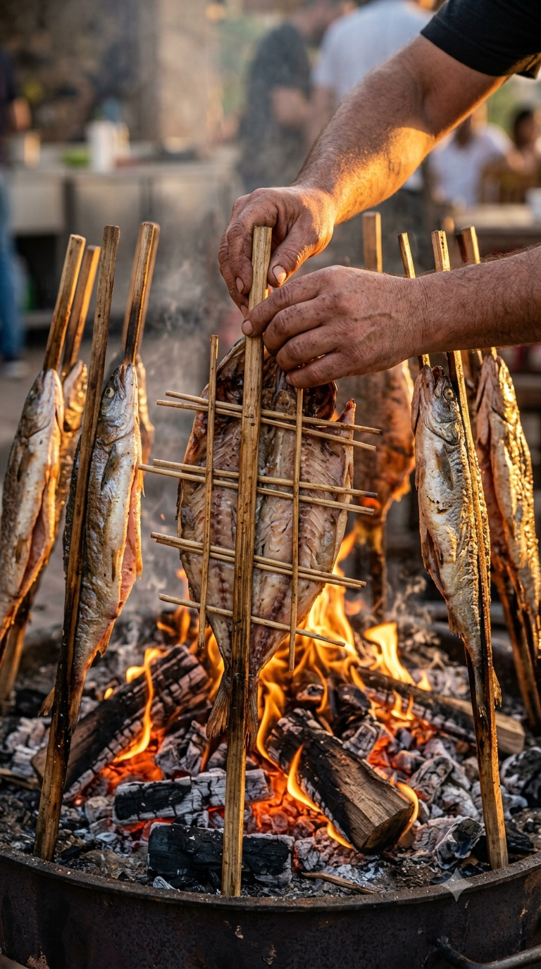 Mains fixant un poisson fendu sur des piquets en bois plantés debout autour d'un feu de braises