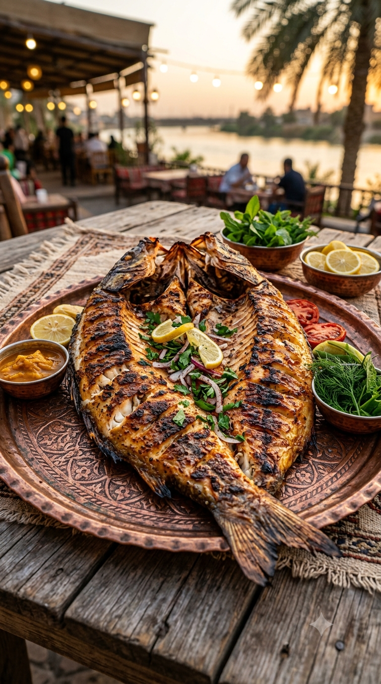 Masgouf grillé et doré, poisson entier fendu en deux avec peau croustillante bien marquée par le feu