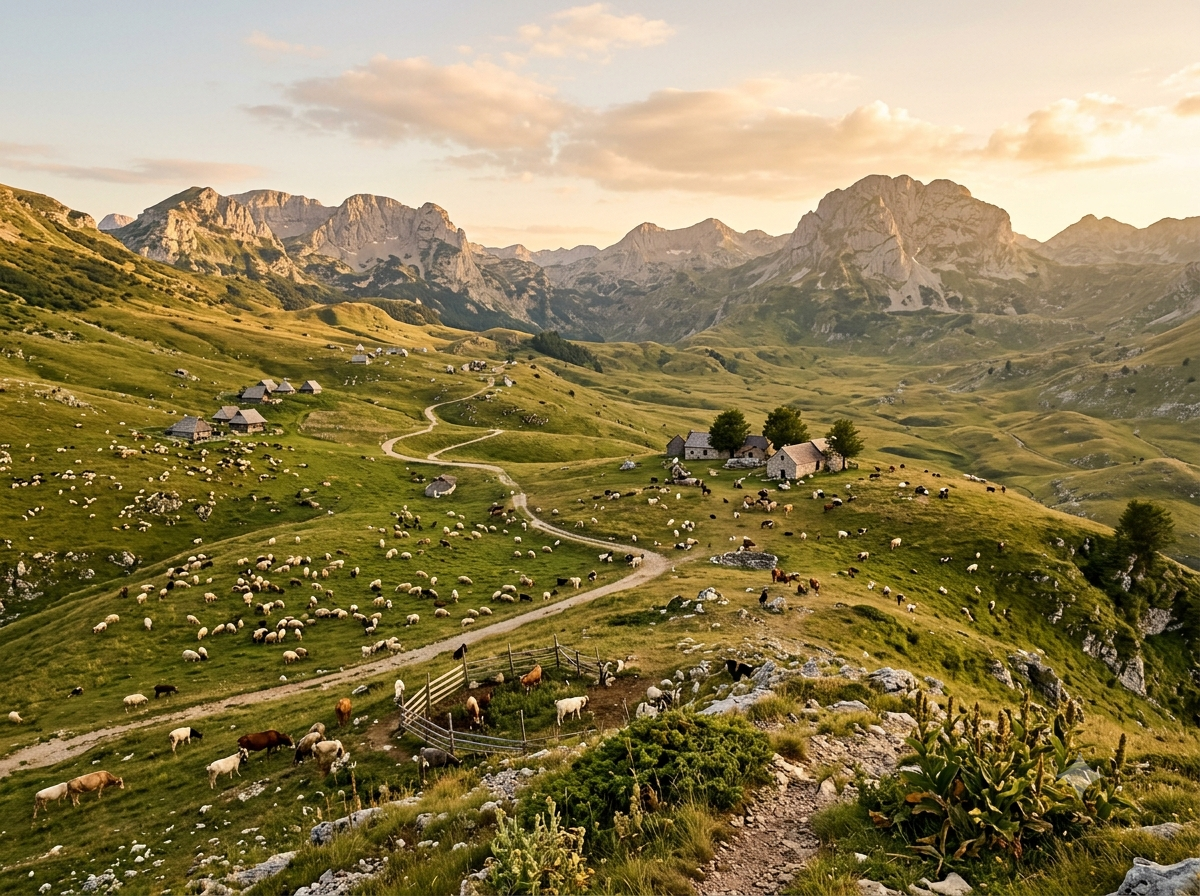 Montagnes du Monténégro avec pâturages d'altitude et troupeaux disséminés