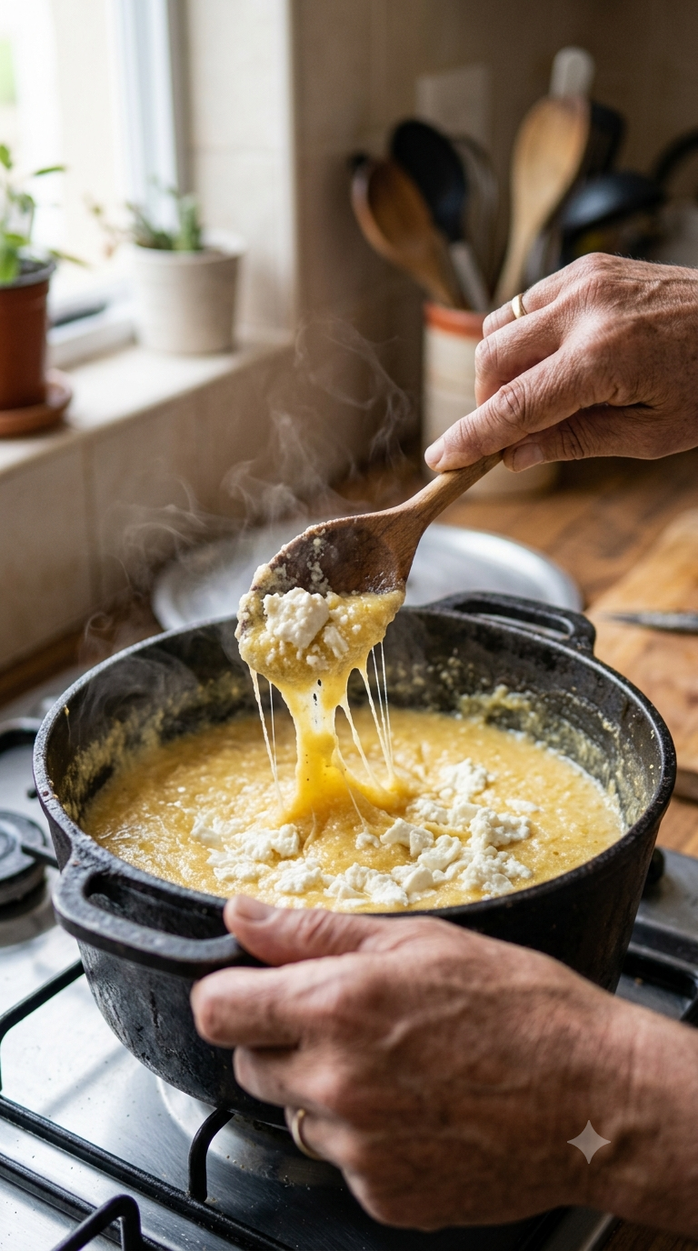 Main incorporant du fromage frais émietté à une polenta chaude, texture filante se formant