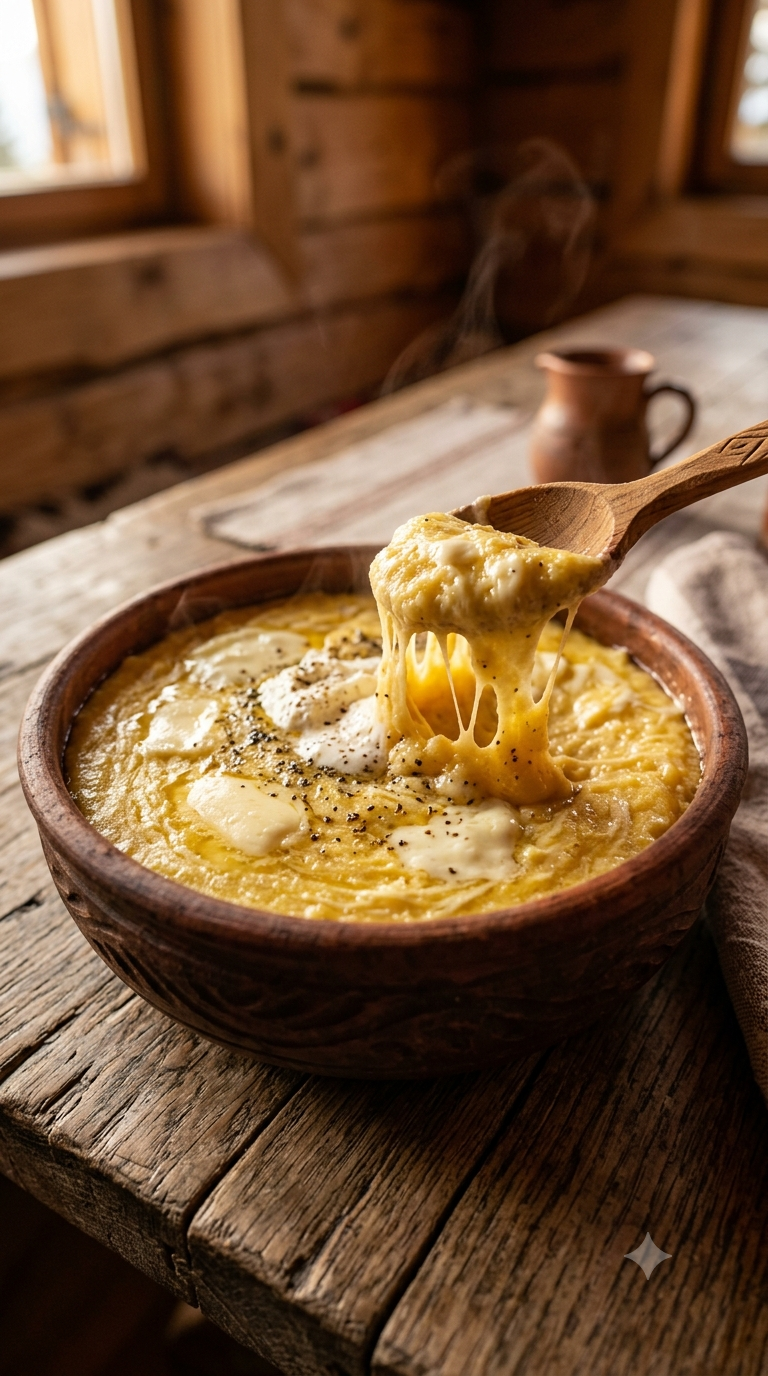 Bol de kačamak filant, texture crémeuse mêlée de fromage frais bien visible