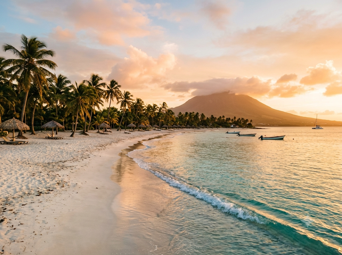 Plage tropicale de Saint-Kitts avec silhouette d'un volcan visible en arrière-plan