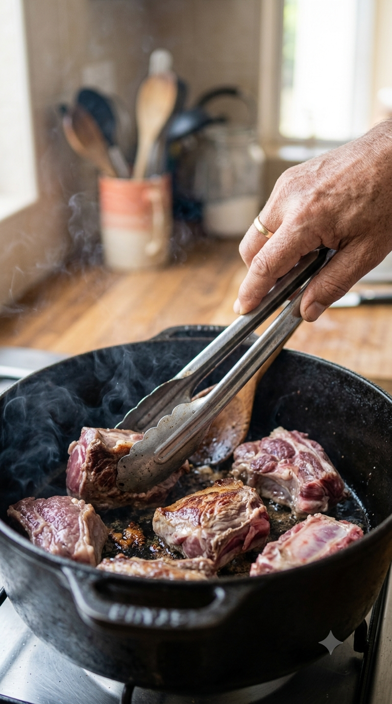 Mains faisant dorer des morceaux de viande de chèvre dans une marmite en fonte noire