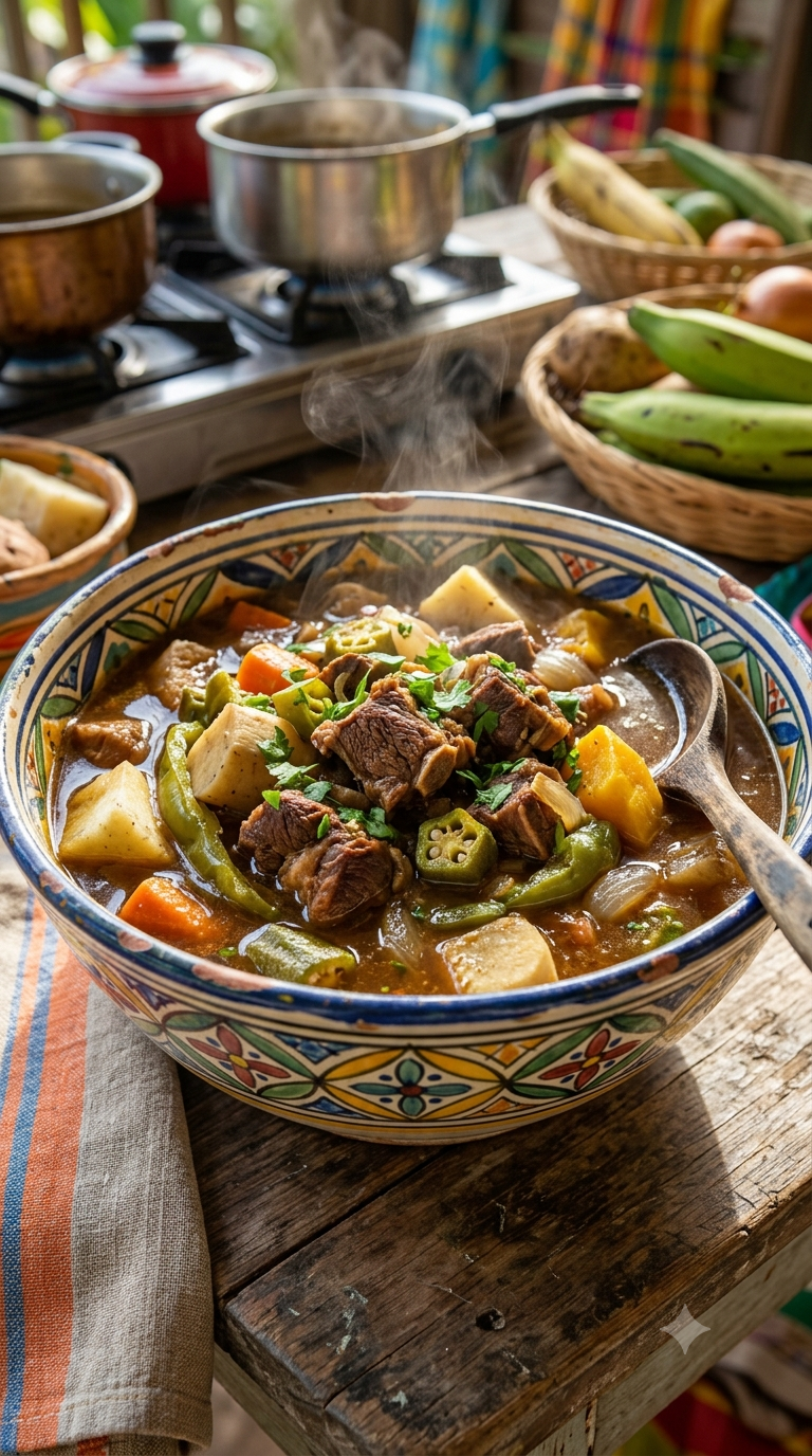 Bol de goat water fumant, morceaux de viande de chèvre et légumes dans un bouillon riche