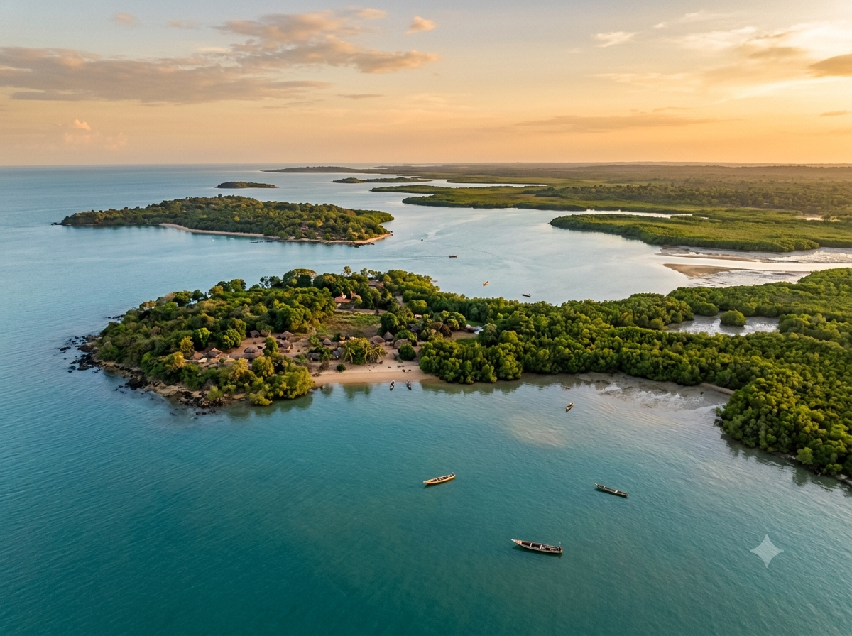 Archipel des Bijagós en Guinée-Bissau avec mangrove et eaux calmes en arrière-plan