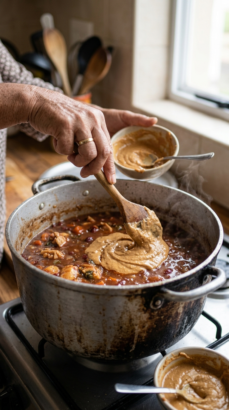Main mélangeant du beurre de cacahuète épais à une sauce tomate mijotant dans une marmite traditionnelle