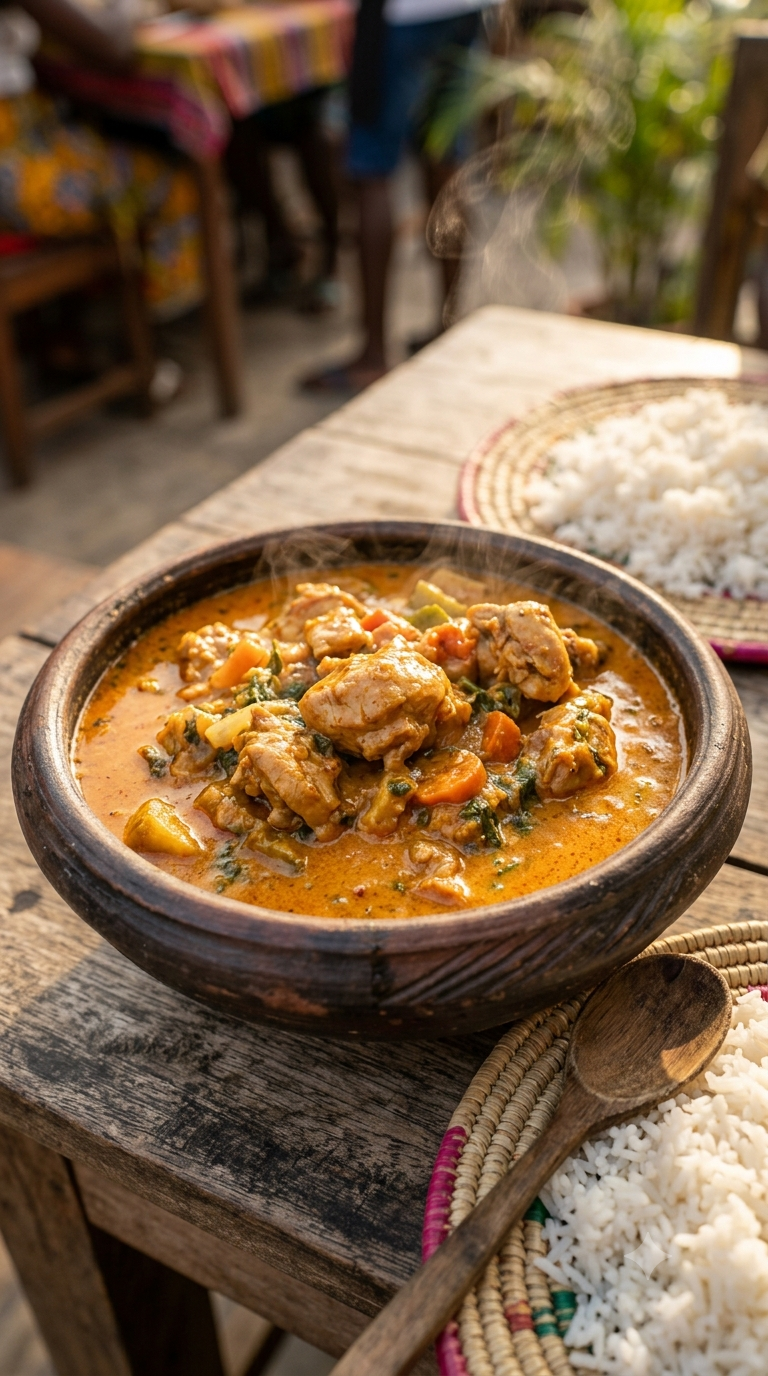 Bol de caldo de mancarra fumant, morceaux de poulet enrobés d'une sauce crémeuse orangée à la cacahuète