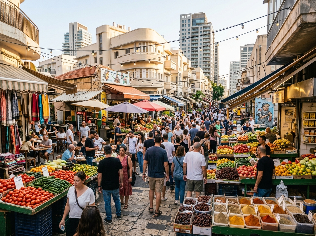 Marché de rue animé à Tel Aviv avec étals colorés et architecture moderne