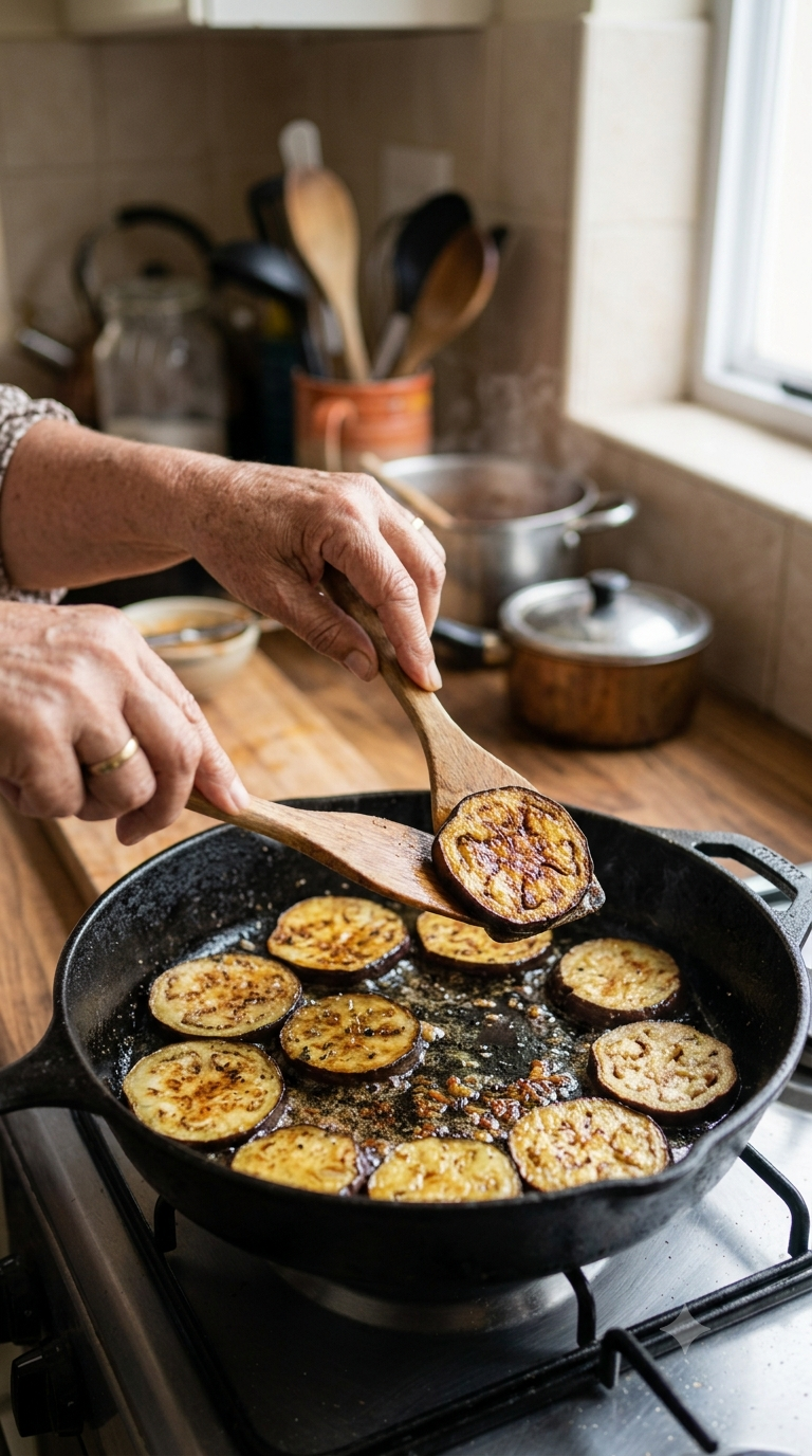 Mains retournant des tranches d'aubergine dorées dans une poêle en fonte noire